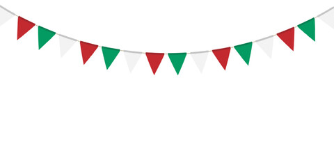 Obraz premium Green, white and red flag garland. Triangle pennants chain. Party decoration. Celebration flags for decor
