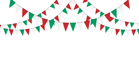 Green, white and red flag garland. Triangle pennants chain. Party decoration. Celebration flags for decor