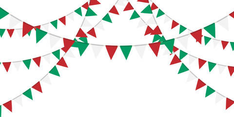 Obraz premium Green, white and red flag garland. Triangle pennants chain. Party decoration. Celebration flags for decor