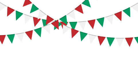 Obraz premium Green, white and red flag garland. Triangle pennants chain. Party decoration. Celebration flags for decor