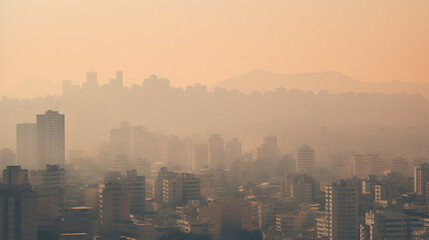 Obraz premium A city skyline is shown with a hazy, smoggy atmosphere. The buildings are tall and the sky is filled with clouds. The scene is one of pollution 