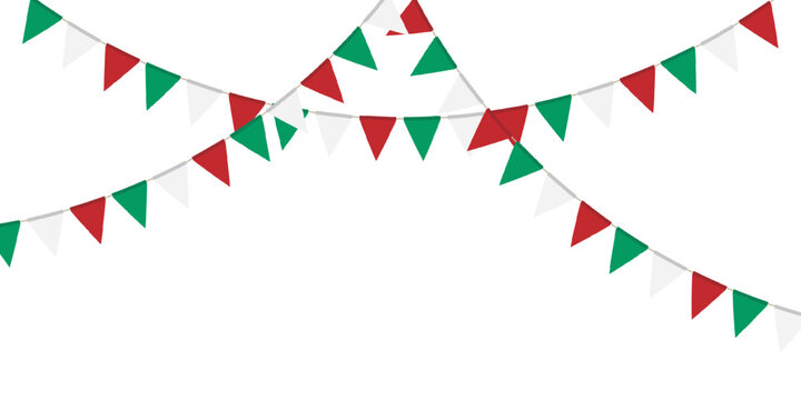 Green, white and red flag garland. Triangle pennants chain. Party decoration. Celebration flags for decor