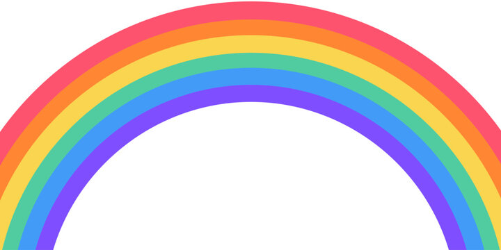 Flat wide rainbow arc shape. Half circle, bright spectrum colors. Colorful striped pattern
