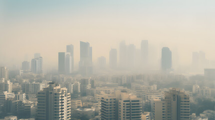 A city skyline is shown with a hazy, smoggy atmosphere. The buildings are tall and the sky is filled with clouds. The scene is one of pollution 