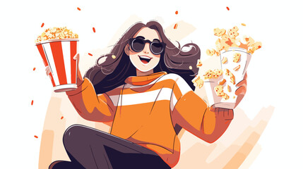 Cinema concept. Happy woman watching film with 3d g