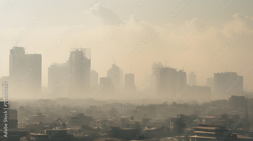 Poster a city skyline is shown with a hazy, smoggy atmosphere. the buildings are tall and the sky is filled