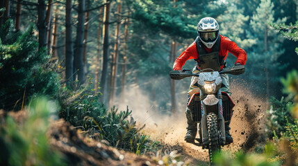 Motocross Rider on Dirt Trail Amongst Forest Greens