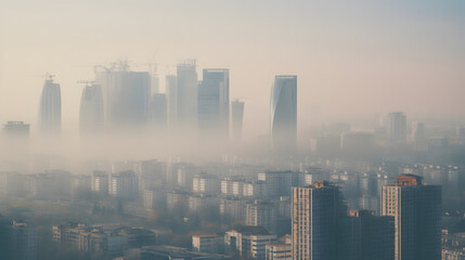 Fototapeta premium A city skyline is shown with a hazy, smoggy atmosphere. The buildings are tall and the sky is filled with clouds. The scene is one of pollution 