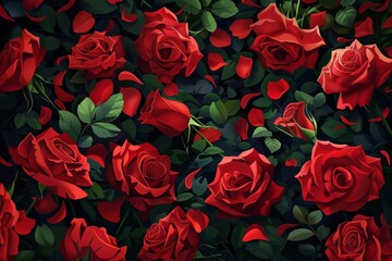 A full frame of lush red roses, creating a romantic and passionate pattern perfect for love-themed designs, special occasions, and floral backdrops with copy space.