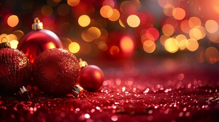 A red background with a red Christmas tree and red ornaments