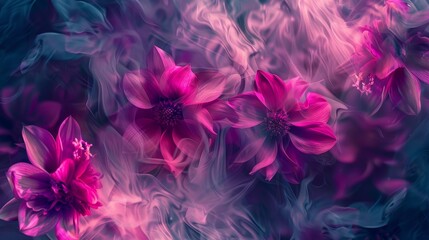 A close up of three pink flowers with smoke in the background. The smoke gives the flowers a dreamy, ethereal quality