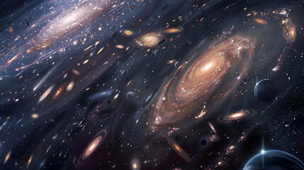 Glittering galaxies twinkle in the darkness, mapping out the mysteries of the cosmos. - obrazy, fototapety, plakaty