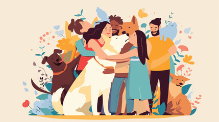 Group of people and dog surrounding and hugging or
