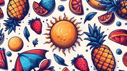Juicy Summer Fruits and Radiant Sun Illustration - obrazy, fototapety, plakaty