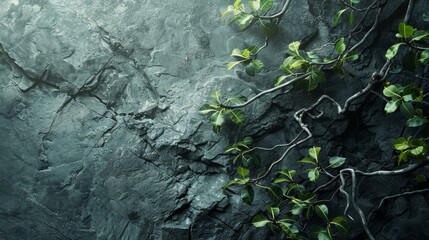 A rock wall with a green leafy branch growing out of it