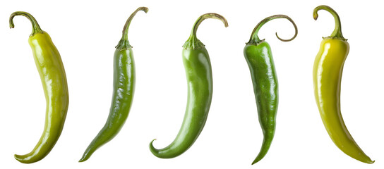 Green chili peppers collection, isolated, PNG set