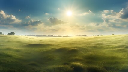 An imaginative scene portraying a surreal afterlife world, featuring a mesmerizing field of glistening grass illuminated by the golden rays of the sun. Type of Image: Digital Illustration, Subject Des