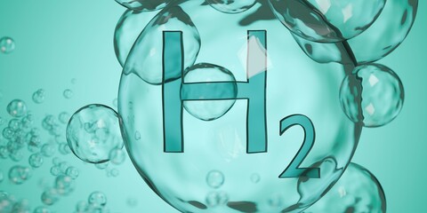 Close up of H2 hydrogen symbol in bubble floating between other bubbles on green background, clean energy, liquid hydrogen or chemistry concept