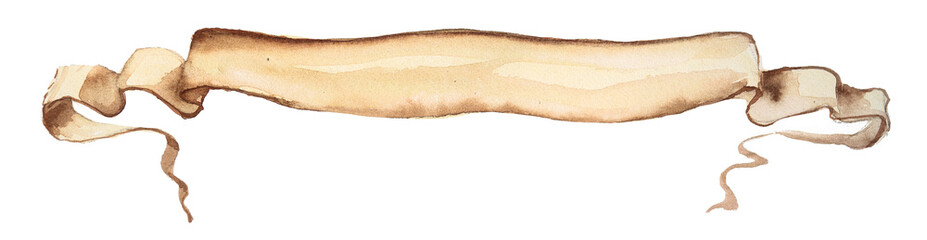 Old paper scroll isolated on white. Medieval banner clipart.Watercolor burnt paper painting.
