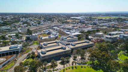 Fototapeta premium Skyline of Perth from a drone viewpoint. Downtown aerial view on a beautiful day
