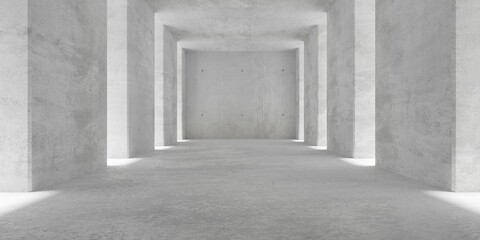 Abstract empty, modern concrete room with pillars and openings left and right and rough floor - industrial interior background template