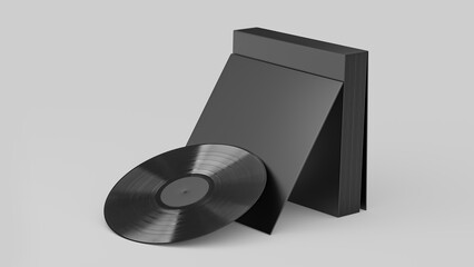 Black Vinyl Record Mockup, Dark Blank record album with CD/DVD/Bluray Disk 3d rendering isolated on light background	