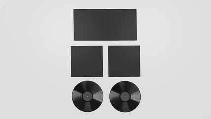 Black Vinyl Record Mockup, Dark Blank record album with CD/DVD/Bluray Disk 3d rendering isolated on light background	