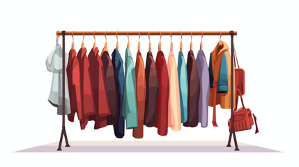 Clothes rolling rack with row of garments hanging o
