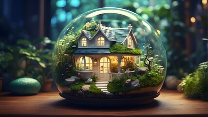 An artistic representation of a whimsical tiny house designed to fit within a fantastical terrarium, blending surreal elements with miniature architecture. Type of Image: Digital Illustration, Subject - obrazy, fototapety, plakaty