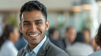 Close up view of the face of a young middle eastern Muslim man smiling kindly.