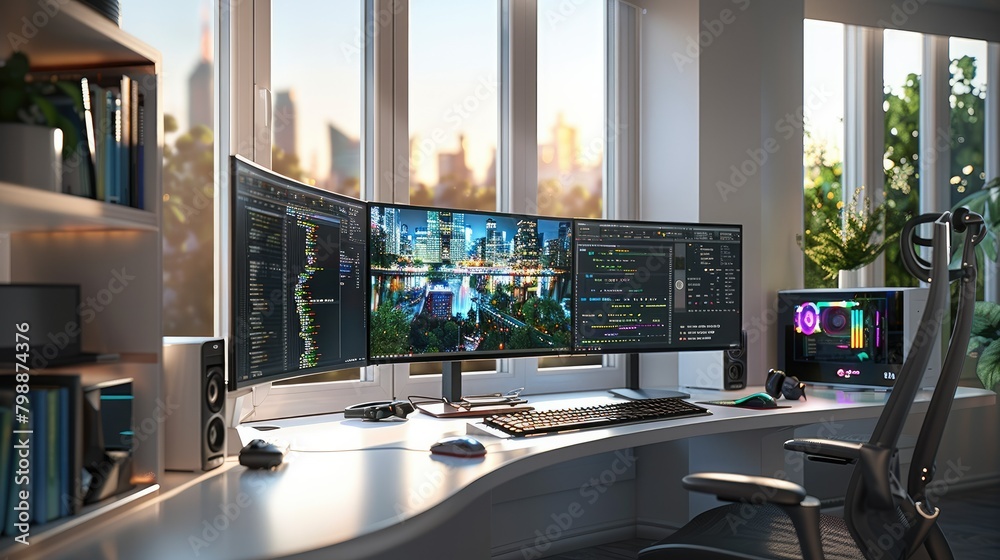 Poster Enter the realm of digital productivity with a powerful desktop computer boasting multiple monitors, providing the perfect canvas for a dynamic and efficient digital. Generative AI.
