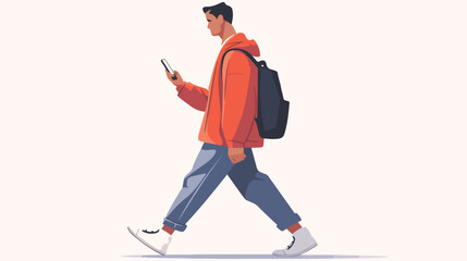 Guy uses smartphone on the go. Man walking holding