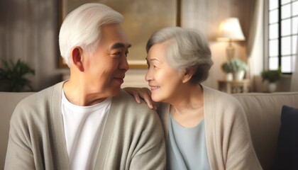 Naklejka premium ソファに座って会話を楽しむシニア夫婦