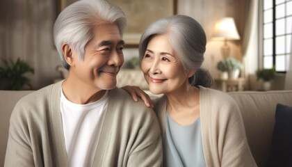Naklejka premium ソファに座って会話を楽しむシニア夫婦