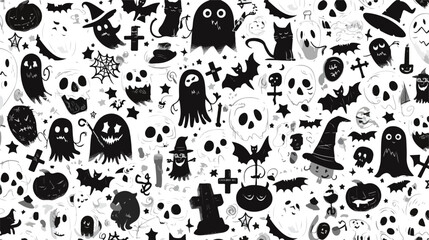 Halloween black and white seamless pattern with all