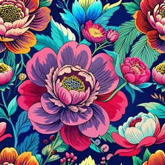 eamless watercolor floral pattern - pink blush flowers elements, green leaves branches 