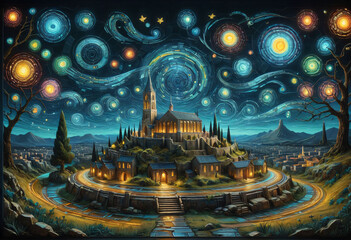 Image of an imaginary city at night, Van Gogh style