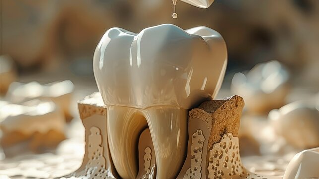 A realistic tooth sitting on gums getting a cavity painted over. Generative AI.