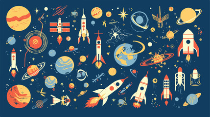 Hand drawn cartoon space planetsshuttles rockets sa - obrazy, fototapety, plakaty