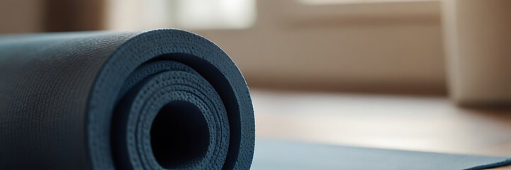 Blue yoga mat laid on floor sport yoga - obrazy, fototapety, plakaty