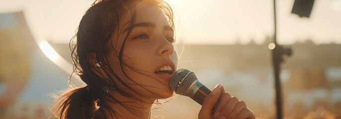 Stunning skinny young woman model singing in microphone, face , Pop star, huge crowded arena, outside background. Generative AI.