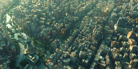 Aerial view of Manhattan up town in warm light of sunset