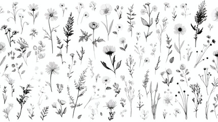 Hand drawn monochrome floral seamless pattern with