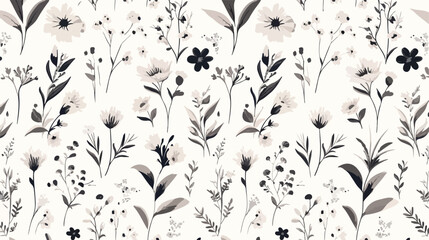 Hand drawn monochrome floral seamless pattern with - obrazy, fototapety, plakaty