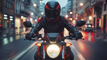 Urban Motorcycle Rider in City Night Lights