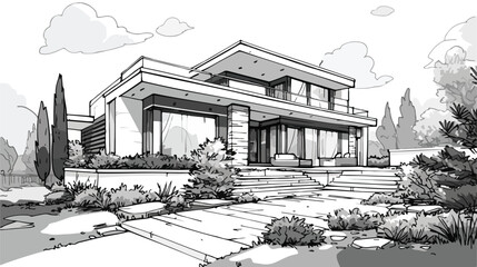 Hand drawn villa. modern private residential house.