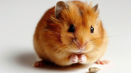 A brown hamster sits atop a clean, white table, showcasing its fluffy fur and cute demeanor