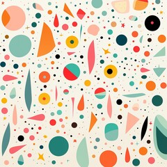 Confetti of shapes, varied palette, flat design, nonstop, white field ,  repeating pattern