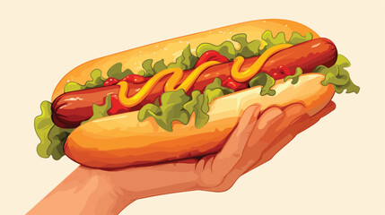 Hand holding hot-dog. American street fast food. Ta