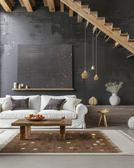 Elegant minimalist interiors in an artist's apartment. Luxury interior design composition.
